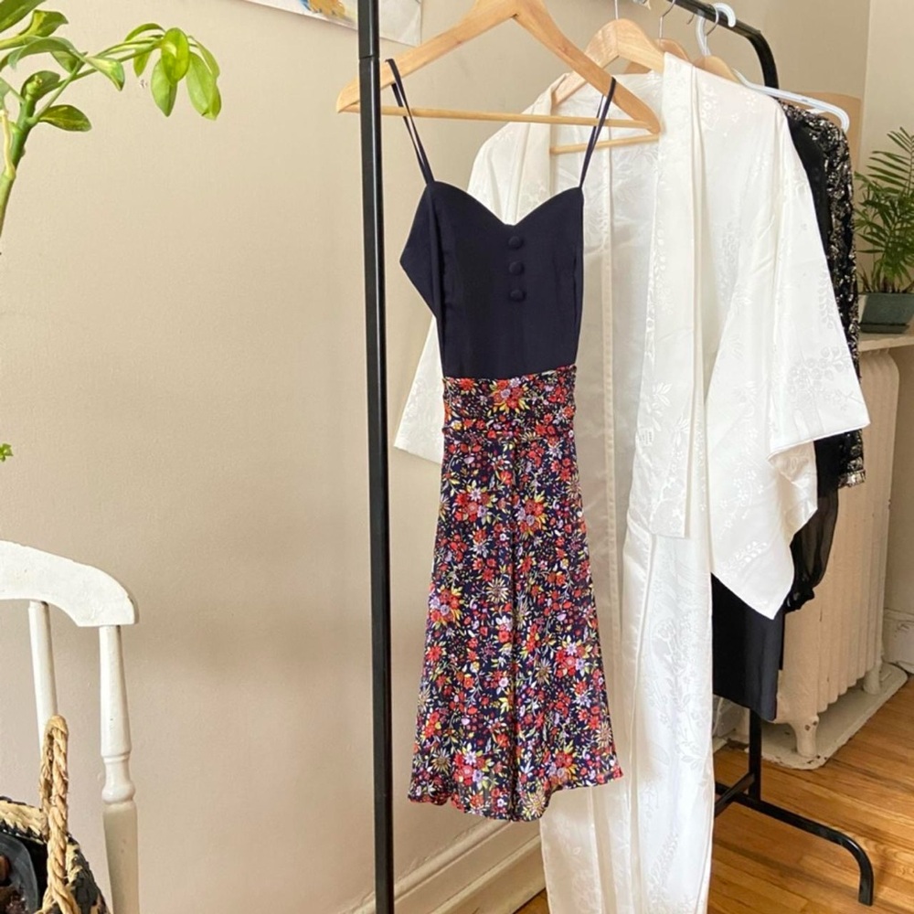 Eve Gravel (Mtl Designer) Floral Print Midi Dress with Navy Bodice